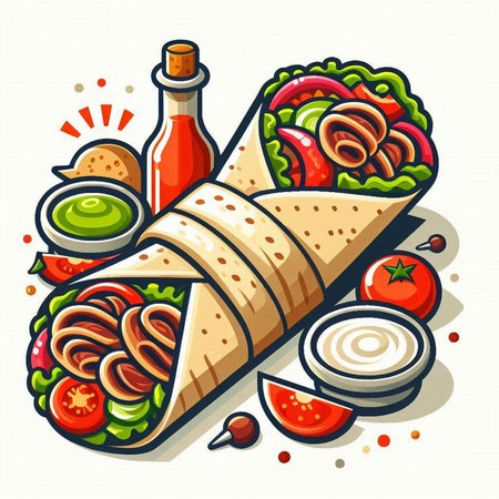 Mexican burrito with meat and vegetables. Vector illustration in flat styleのイラスト素材