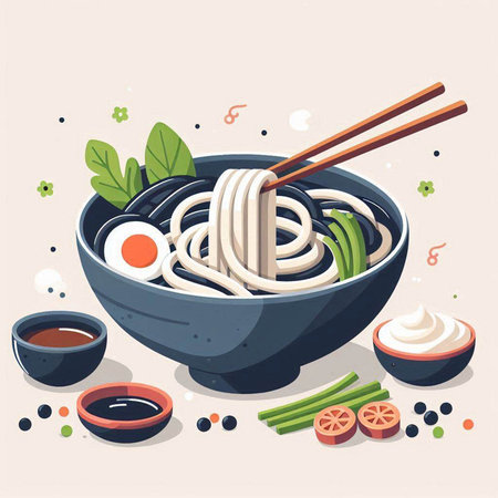 Noodles in bowl with chopsticks, soy sauce and vegetables. Vector illustration.のイラスト素材