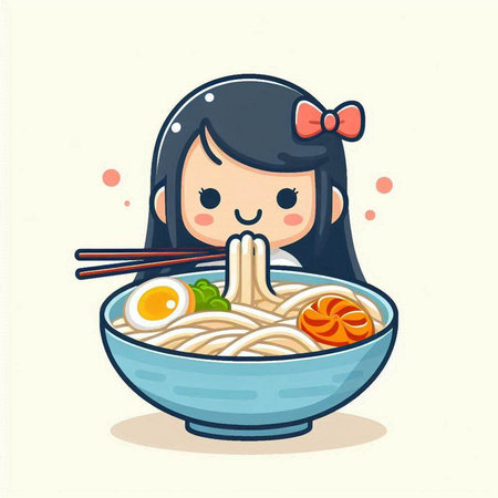 Cute Asian girl eating ramen noodle. Vector illustration.のイラスト素材
