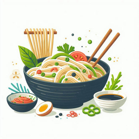 Noodles in bowl with chopsticks and vegetables. Vector illustration.のイラスト素材