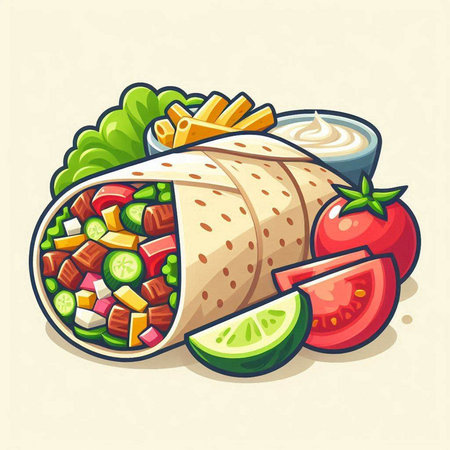 Illustration of a mexican burrito with fresh vegetables and sauceのイラスト素材