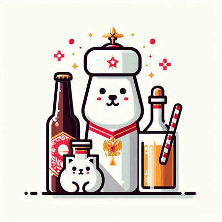 Christmas and New Year vector illustration with cute cartoon snowman and bottle of beer.のイラスト素材