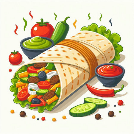 Mexican burrito with vegetables and sauce. Vector illustration in cartoon styleのイラスト素材