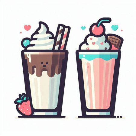 Milkshake with whipped cream, cherry and ice cream. Vector illustration.のイラスト素材