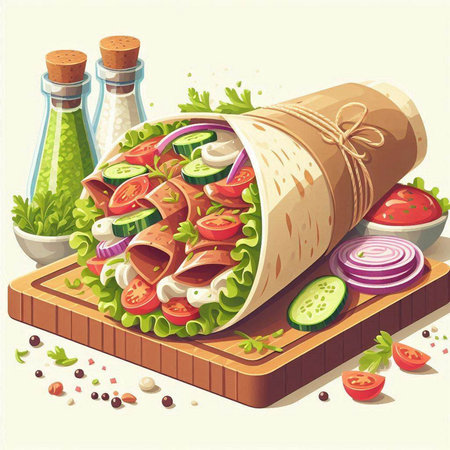 Tortilla wrap with fresh vegetables and herbs. Vector illustration.のイラスト素材