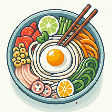 Bowl of noodle soup with egg and vegetables. Vector illustration.のイラスト素材