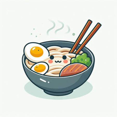 Bowl of noodle with egg and chopsticks. Vector illustration.のイラスト素材