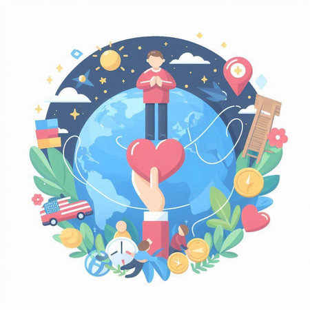 Vector flat cartoon illustration of a man holding a red heart on the background of the globe.のイラスト素材