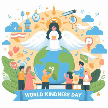 World Kindness Day concept with people around planet earth. Vector illustrationのイラスト素材