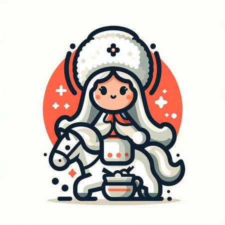 Cute cartoon little girl with a horse and a pot of milk. Vector illustration.のイラスト素材