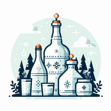 Vector illustration of Russian vodka bottle in flat style with forest on background.のイラスト素材