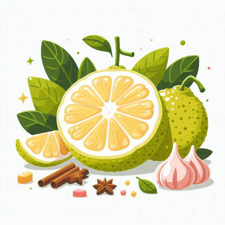 Whole and half of fresh pomelo with green leaves, cinnamon, cloves and garlic. Vector illustration.のイラスト素材