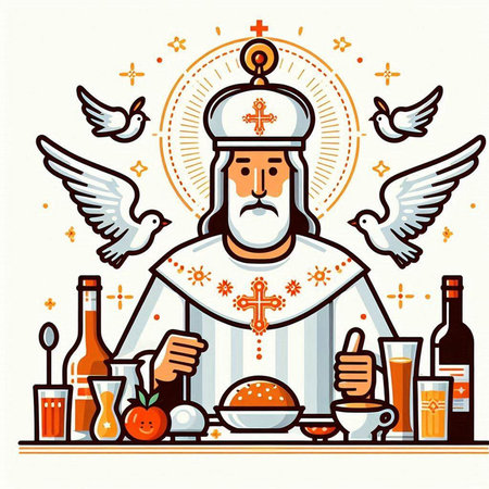 Vector illustration of Jesus Christ with olive oil, wine, bread, wine and pigeonsのイラスト素材