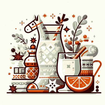 Cute vector illustration with teapot, cup of tea, mandarin, cinnamon, anise, star anise.のイラスト素材