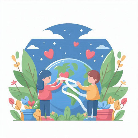 Vector illustration of a girl and boy holding a globe in their hands. The concept of save the planet, save the earth.のイラスト素材
