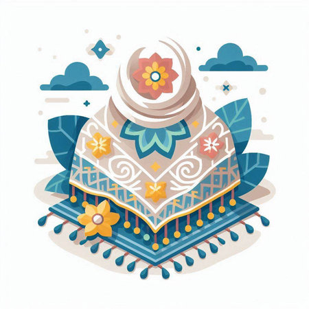 Vector illustration of a stylized poncho with flowers and clouds.のイラスト素材