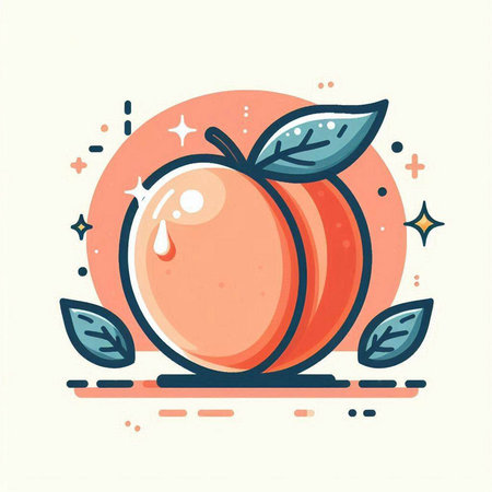 Peach fruit icon. Vector illustration of a peach with leaves.のイラスト素材