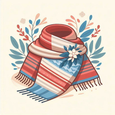 Vector illustration of a knitted scarf and shawl with floral elementsのイラスト素材