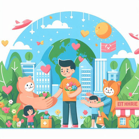 Cute cartoon family with kids in the city. Vector illustration.のイラスト素材