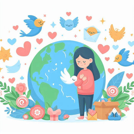 Vector illustration of a girl with a heart and a world globe.のイラスト素材