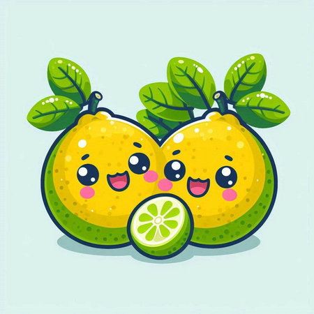 Cute cartoon lemons with green leaves on blue background. Vector illustration.のイラスト素材