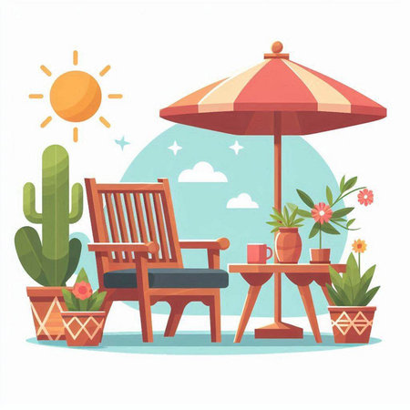 Wooden deck chair with sun umbrella and flower pot vector illustration.のイラスト素材
