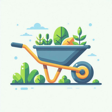 Garden wheelbarrow with plants. Flat design vector illustration.のイラスト素材