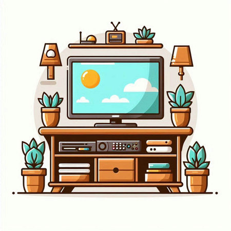 Home living room with TV, furniture and plants. Vector illustration.のイラスト素材