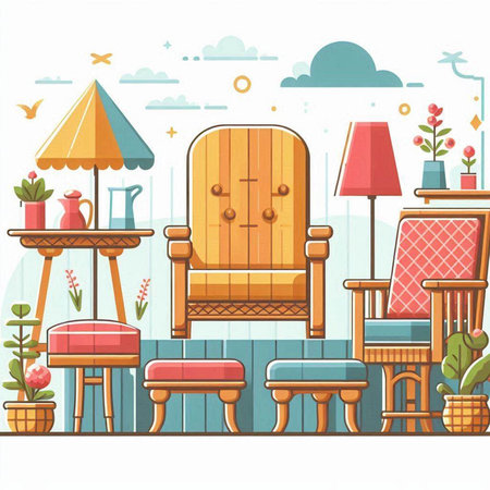 Vector illustration of living room interior with armchair, table, chairs, tablecloth, lamp, flower pots, tablecloth, tablecloth, coffee table and chair.のイラスト素材