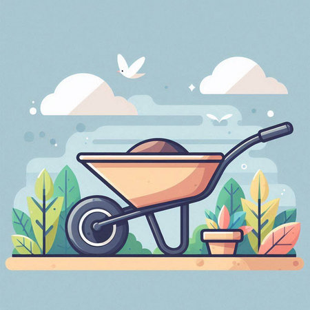 Garden wheelbarrow vector illustration in flat style. Wheelbarrow with soil on the background of the landscape.のイラスト素材