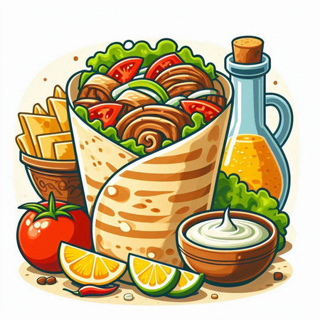 Vector illustration of a tortilla with vegetables, sauce and fruits.のイラスト素材