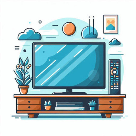 TV on the table in living room with furniture. Vector illustration in flat styleのイラスト素材