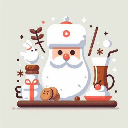 Christmas and New Year vector illustration with Santa Claus, cookies, mulled wine, gingerbread, cinnamon, star anise.のイラスト素材