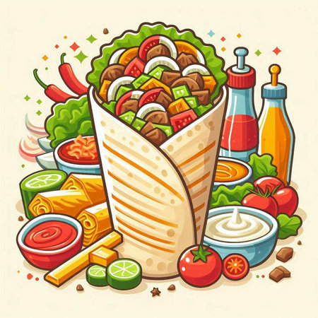 Illustration of a mexican burrito with vegetables and sauceのイラスト素材