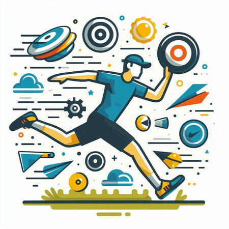 Vector illustration of a man running with a dumbbell in his hands. Flat style.のイラスト素材