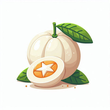 Illustration of a whole and half of mangosteen with leaves.のイラスト素材