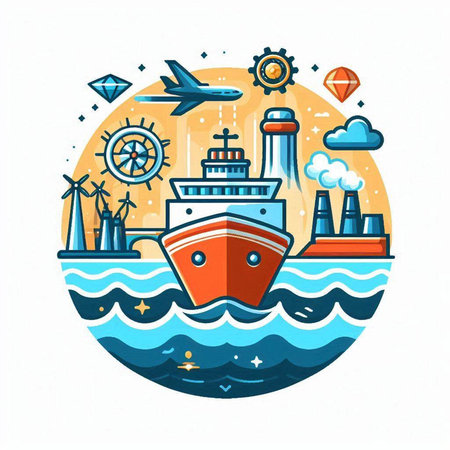 Vector illustration of sea and ship on white background. Flat style.のイラスト素材