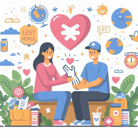 Valentines day vector illustration. Man and woman sitting on bench, holding hands, looking at each otherのイラスト素材
