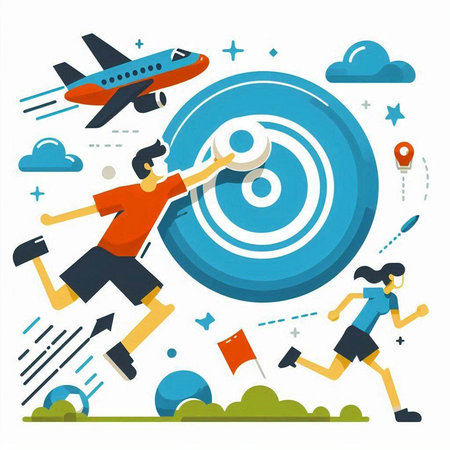 Businessman with target and flying plane. Flat style vector illustration.のイラスト素材