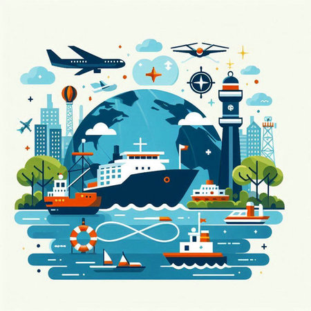 Travel around the world. Vector illustration in flat design style. Lighthouse, ship, lighthouse, cruise ship, helicopter.のイラスト素材