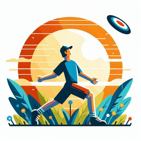 Running man on the sunset background. Vector illustration. Flat design.のイラスト素材