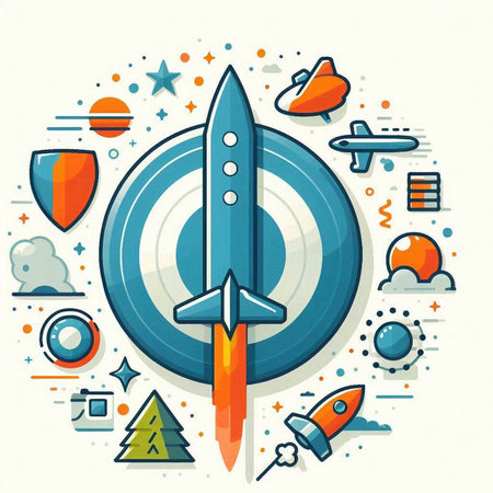 Start up business concept with rocket and target. Vector illustration in thin line style.のイラスト素材