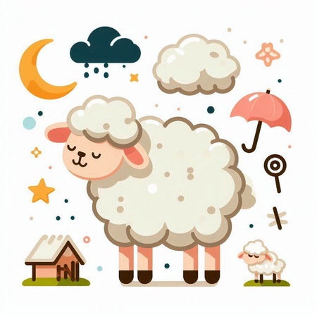 Vector illustration of cute cartoon sheep with different weather icons in flat style.のイラスト素材