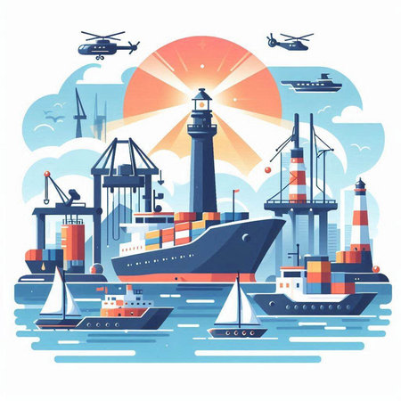 Sea transport flat vector illustration. Cargo ship, lighthouse, shipyard, cranes, tugboats, ships, tugboats. Freight transportation, shipping and logistics conceptのイラスト素材