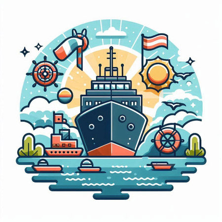 Vector illustration of a ship in the sea on the background of the sunのイラスト素材