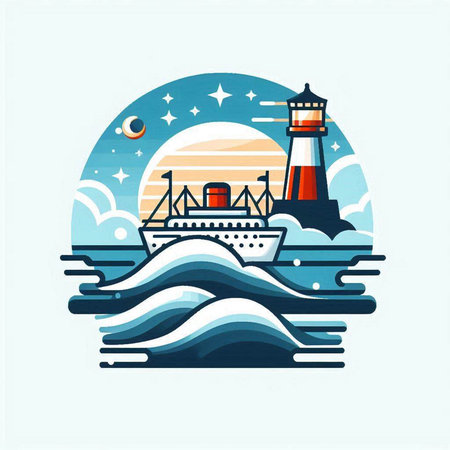 Lighthouse and ship on the sea. Vector illustration in flat styleのイラスト素材