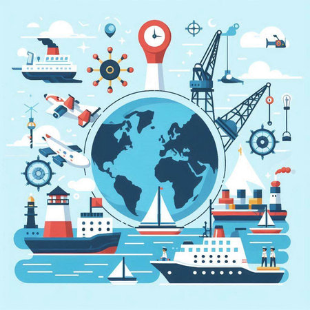 Sea shipping and logistics. Freight transportation. Freight service. Vector illustrationのイラスト素材