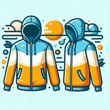 Vector illustration of two warm jackets in flat style on blue background.のイラスト素材