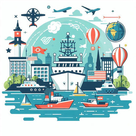 Vector illustration of the sea, ships, boats, lighthouse and other elements.のイラスト素材