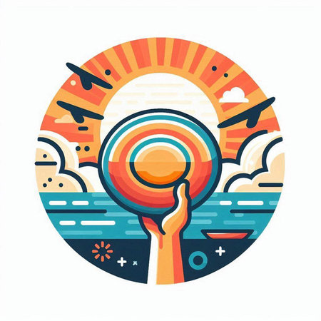 Hand holding round badge with abstract sun and flying birds. Vector illustration.のイラスト素材